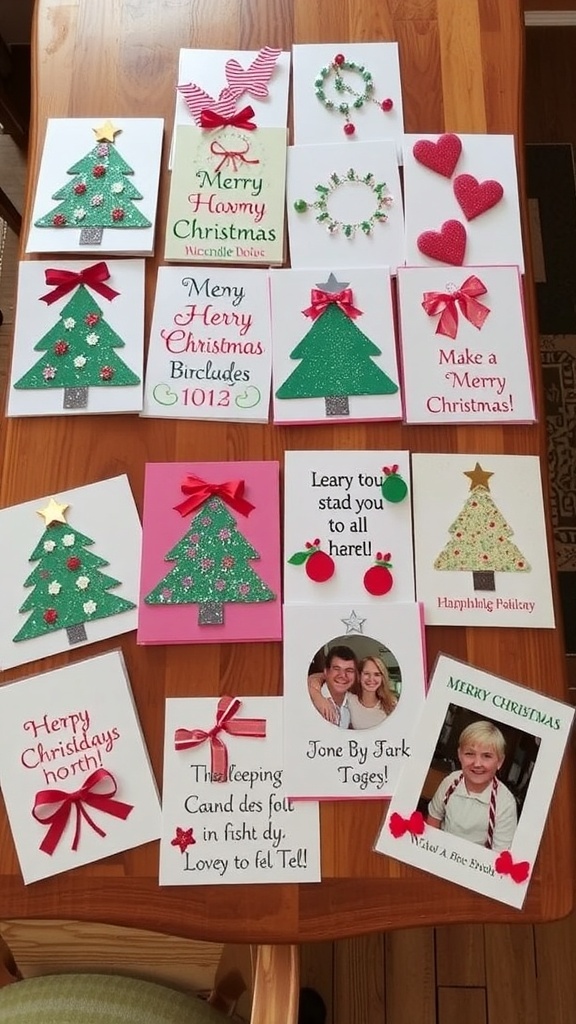 A variety of homemade Christmas cards with festive designs and decorations on a wooden table.